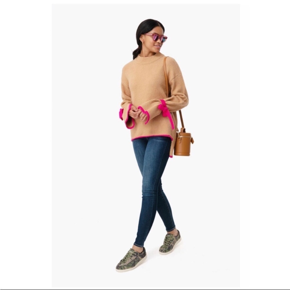 Just One Answer Tan Hot Pink Tie‎ Sleeve Pullover Sweater Size L